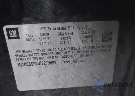 2017 Chevrolet Cruze Ls Auto z USA, uszkodzony, nr VIN 1G1BC5SM5H7279891